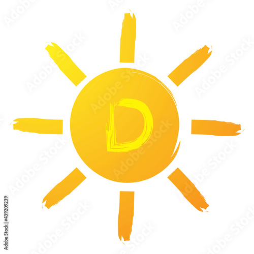 Yellow sun vitamin d on white background. Health care. Medical treatment. Vector illustration. Stock image.