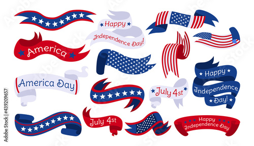 Ribbon American Independence Day set. Flag USA tape collection, patriotic insignia festival, happy American celebration day. Label tag banner, white blue striped flag. Isolated vector illustration