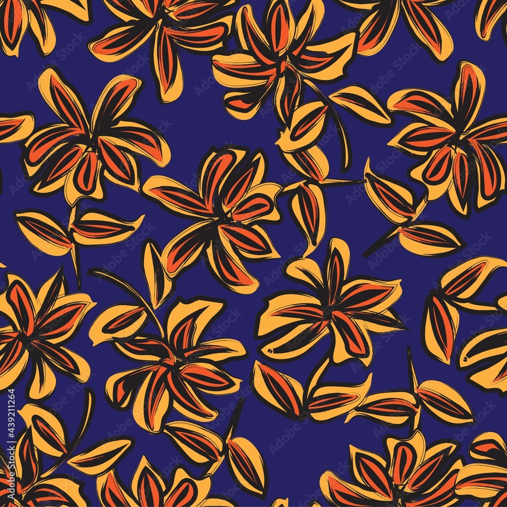 Fototapeta premium Orange Floral Brush strokes Seamless Pattern Background