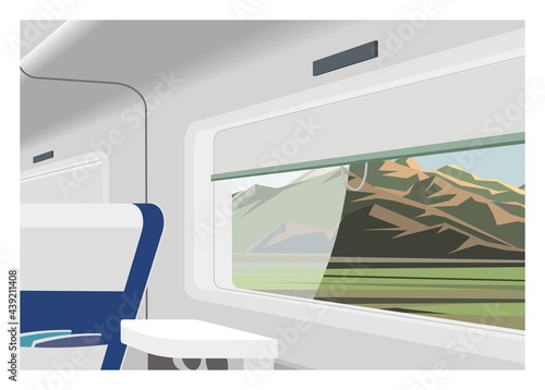 Passenger train interior with mountain scenery