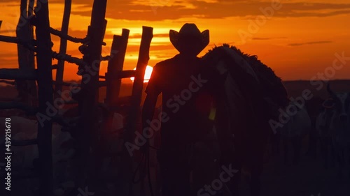 A Brazilian cowboy in the Pantanal walks his horse in from a hard day of work - silhouette with a brilliant sunset photo