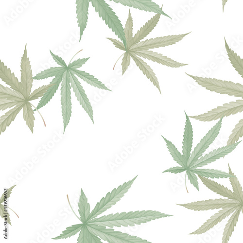 Foliage seamless pattern, green cannabis leaves on white