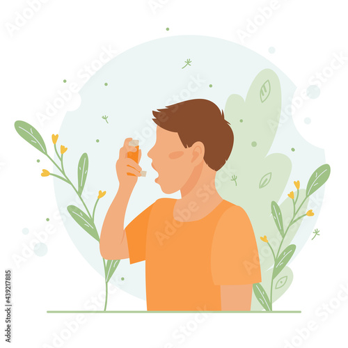 Little boy uses an asthma inhaler against an allergic attack. World asthma day. Child allergy, asthmatic. Inhalation medicine. Bronchial asthma. Vector flat concept illustration