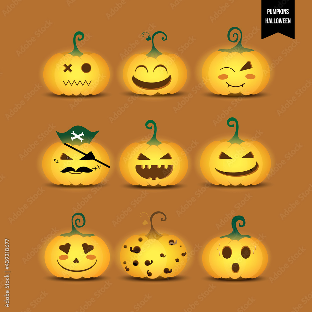 Set of pumpkins yellow glowing cute cartoon icons. Collection of pumpkin jack 'o lanterns. Character face expression. Composition for decorative Halloween day. Vector illustration. Set of pumpkins yellow glowing cute cartoon icons. Collection of pumpkin jack 'o lanterns. Character face expression. Composition for decorative Halloween day. Vector illustration.
