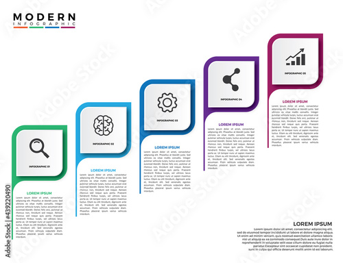 Business infographic thin line process with square template design with icons and 5 options or steps. Info graphic design template isolated on white background