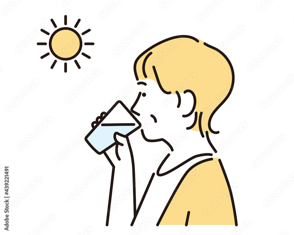 シンプル　イラスト　コップの水を飲む高齢の女性