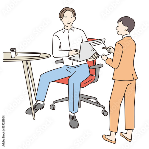シンプル　イラスト　オフィスで雑談するビジネスパーソン