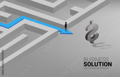 Silhouette of Businesswoman on route path to exit the maze to dollar icon. Concept for business mission and way to company profit