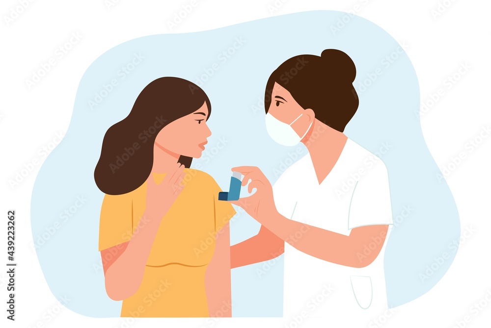 Bronchial asthma diagnosis, treatment and medicine, shortness of breath, respiratory attack, allergy cough.Doctor and patient.Asthma inhaler against attack. Vector illustration Bronchial asthma diagnosis, treatment and medicine, shortness of breath, respiratory attack, allergy cough.Doctor and patient.Asthma inhaler against attack. Vector illustration