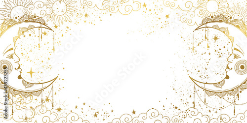 Canvas Print White mystical background with golden crescent moon with face, cosmic pattern with copy space for text