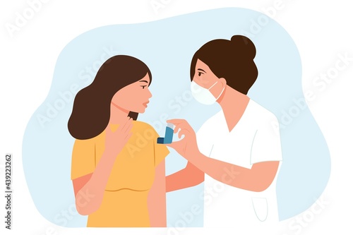 Bronchial asthma diagnosis, treatment and medicine, shortness of breath, respiratory attack, allergy cough.Doctor and patient.Asthma inhaler against attack. Vector illustration photo