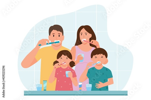 Family are brushing teeth together.Happy family with toothbrushes in bathroom.Daily routine dental hygiene. Vector illustration.