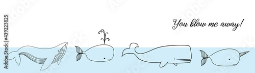 Cute set of whales in trendy minimal line design in blue ocean water with text message saying you blow me away in talent or you are special  or congratulations concept, marine life background cartoon