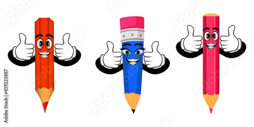 Mascot pencil character standing and waving together with colorful outfit isolated