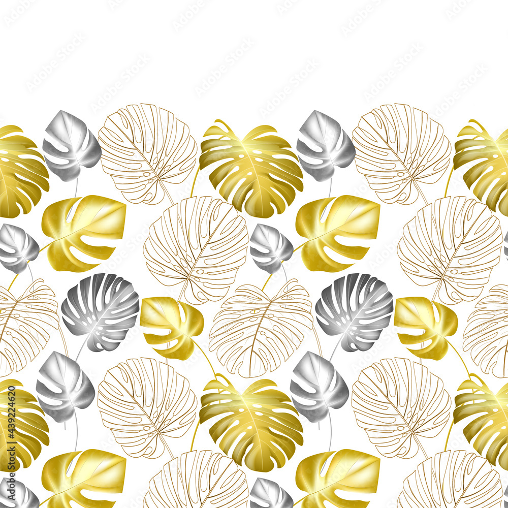 Vector background with monstera plant. Image of golden, grey and white leaves. Tropics, island, nature. Seamless border pattern.