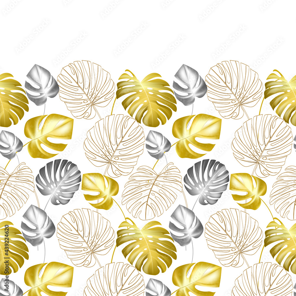Vector background with monstera plant. Image of golden, grey and white leaves. Tropics, island, nature. Seamless border pattern. Vector background with monstera plant. Image of golden, grey and white leaves. Tropics, island, nature. Seamless border pattern.