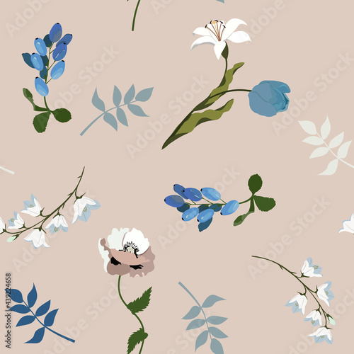 Seamless vector illustration with poppies, tulips and campanula on a beige background.