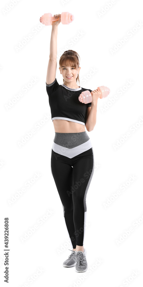 Sporty young woman training with dumbbells on white background Sporty young woman training with dumbbells on white background