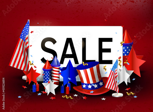Independence Day of the USA. 4th of July sale banner with holiday symbols on red background. Vector template for poster, discount flyer or party invitation design