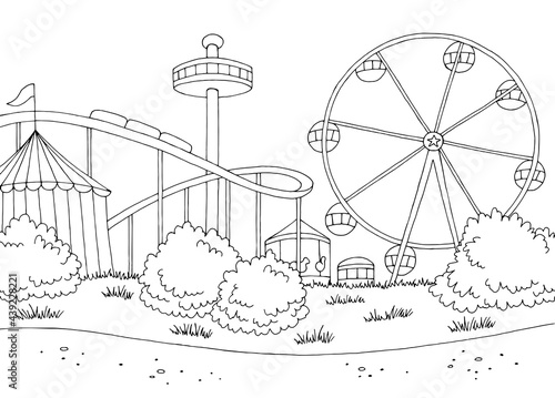 Amusement park landscape graphic black white sketch illustration vector 