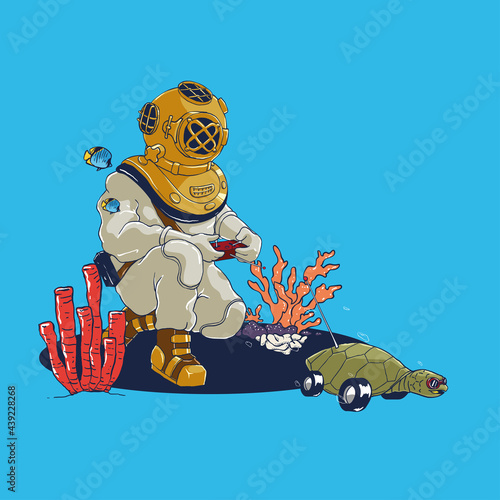 Vintage Scuba Diver playing Remote control turtle vector illustration