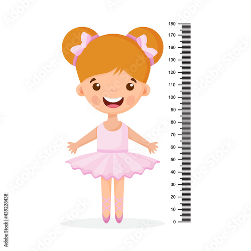Kids meter wall with a cute cartoon girl and measuring ruler. Vector illustration of an girl isolated background.