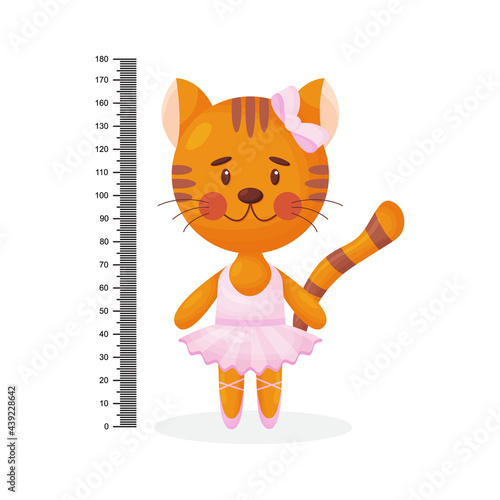 Kids meter wall with a cute smiling cartoon cat and measuring ruler. Vector illustration of an animal isolated background.