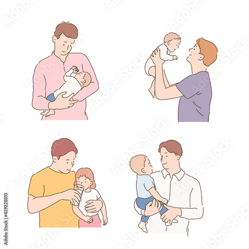 The father is lovingly sitting the baby. hand drawn style vector design illustrations. 