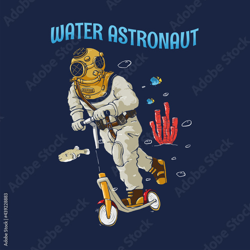 Vintage Scuba Diver ride scooter vector illustration