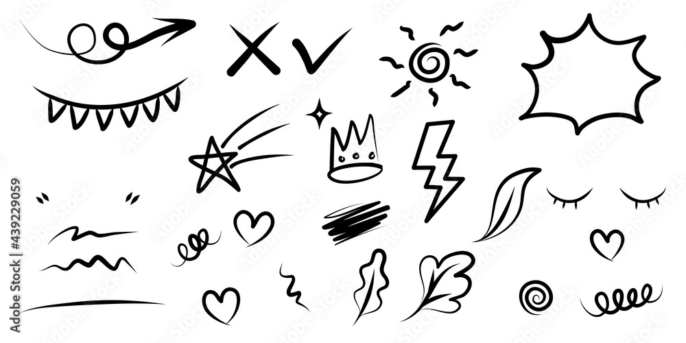 hand drawn set of curly swishes, swashes, swoops. Abstract arrows, Arrow, heart, love, star, leaf, sun, light, crown, king, queen, on doodle style for concept design. vector illustration. hand drawn set of curly swishes, swashes, swoops. Abstract arrows, Arrow, heart, love, star, leaf, sun, light, crown, king, queen, on doodle style for concept design. vector illustration.