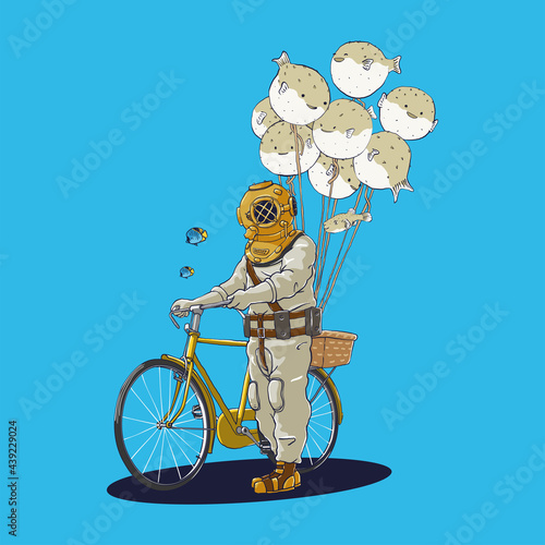 Vintage Scuba Diver Selling Puffer Fish Balloon