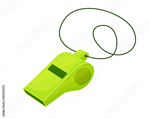 Sports green whistle in cartoon style. Vector illustration isolated on white background 