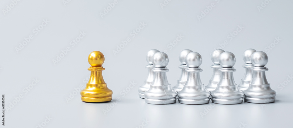 golden chess pawn pieces or leader businessman stand out of crowd people of silver men. leadership, business, team, teamwork and Human resource management concept golden chess pawn pieces or leader businessman stand out of crowd people of silver men. leadership, business, team, teamwork and Human resource management concept