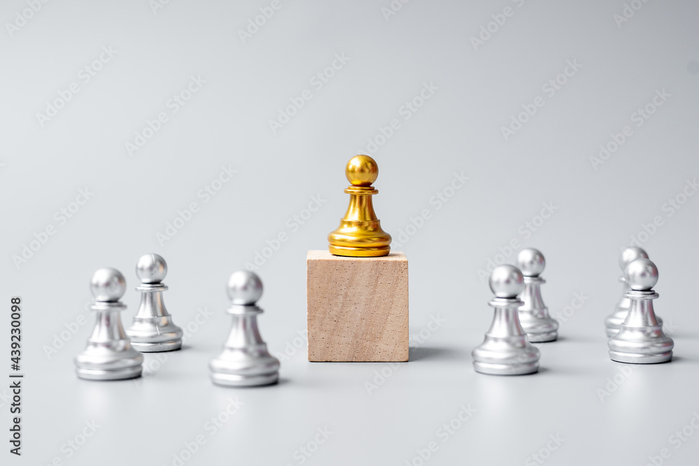 golden chess pawn pieces or leader  businessman with circle of silver men. victory, leadership, business success, team, and teamwork concept