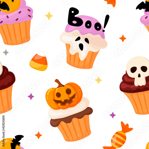 Halloween pattern with cupcakes and sweets in cartoon style