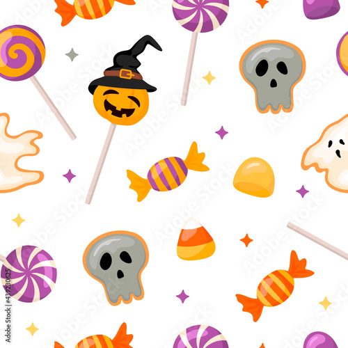 Halloween pattern with candy and cookies. cartoon style