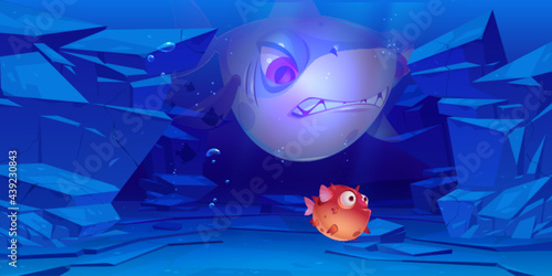 Shark and puffer fish in sea or ocean bottom with rocks around. Underwater characters with cute and angry faces and big eyes, creatures for computer game, marine animals, Cartoon vector illustration