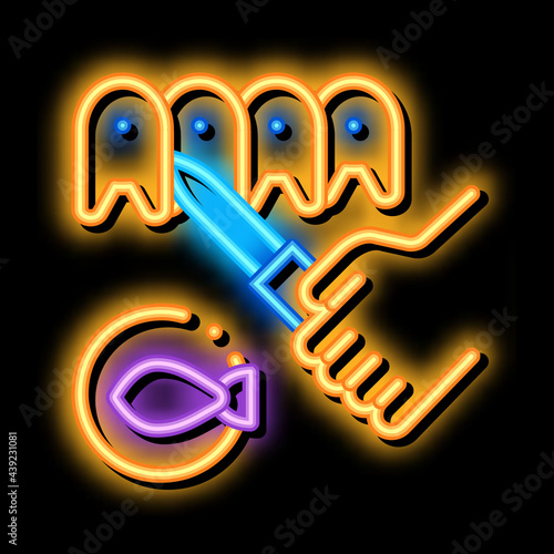 fish cutting neon light sign vector. Glowing bright icon fish cutting sign. transparent symbol illustration