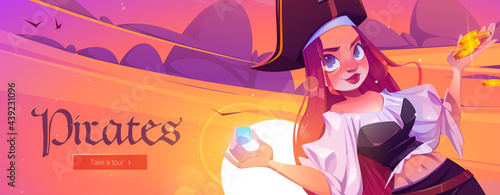 Pirates banner with girl captain and treasure chest with gold coins on sea beach at sunset. Vector landing page with cartoon ocean island landscape with boat, woman pirate and chest full of money