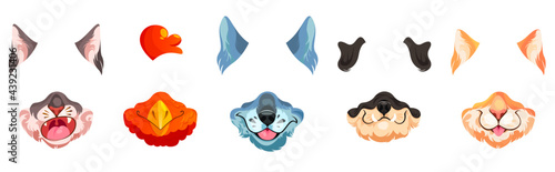 Face filter with animal masks for video chat, selfie photo and social media content. Vector cartoon set of cute nose and ears of dog, cat and rooster for mobile phone application