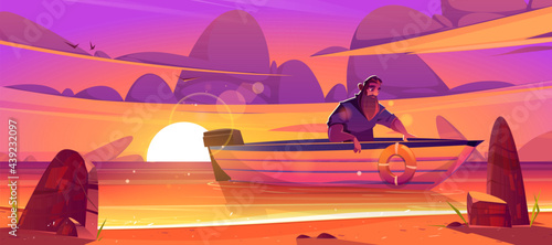 Shipwrecked sad man sit in wooden boat at sunset scenery landscape. Castaway male character escaping from sinking ship, moor to uninhabited island. Survivor after shipwreck Cartoon vector illustration