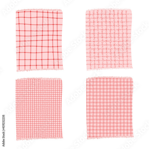 Set of hand drawn vector illustration of red or pink checkered picnic blankets. Cartoon doodle style isolated on white background.