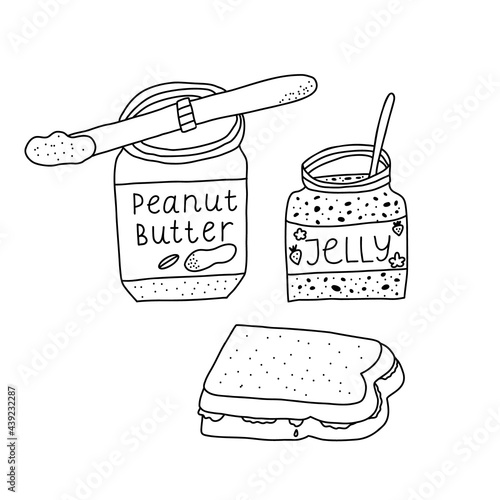 Hand-drawn vector illustration of open peanut butter glass or plastic jar with knife scoop of peanut butter, jar with strawberry jelly. Cartoon abstract doodle style isolated on white background.