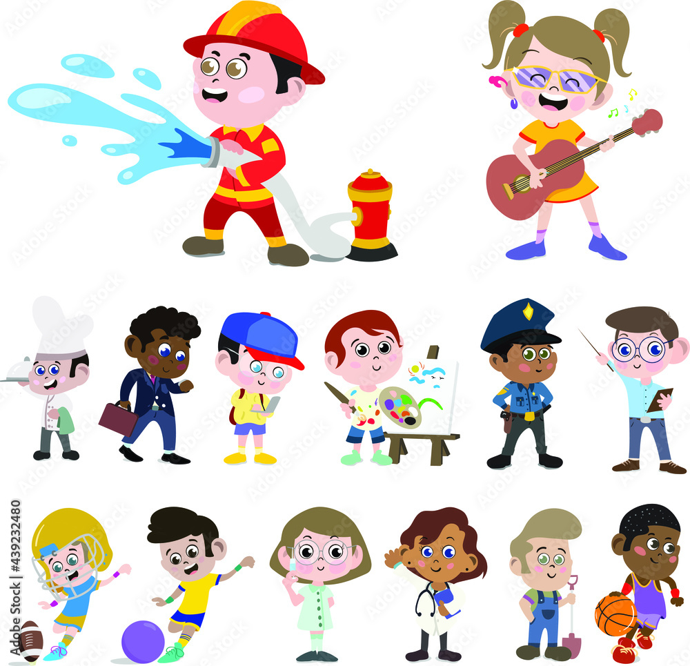Big Vector Set.Kindergarten Preschool kids dress as professionals. Basketball Football Rugby Player Businessman Chef Doctor Farmer Firefighter Nurse Painter Artist Police Singer Student & Teacher. Big Vector Set.Kindergarten Preschool kids dress as professionals. Basketball Football Rugby Player Businessman Chef Doctor Farmer Firefighter Nurse Painter Artist Police Singer Student & Teacher.