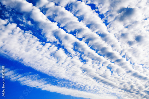 White cirrocumulus clouds blue sky background, fluffy stratocumulus cloud texture, altocumulus cloudy skies, beautiful high cirrus cloudscape view, sunny heaven landscape, cloudiness weather backdrop photo