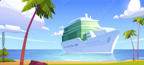 Obraz na plátně Cruise liner in ocean, modern white ship, luxury sailboat moored in sea harbor tropical island with palm trees and sandy beach