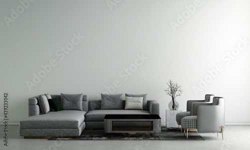 Home and decoration mock up furniture and interior design of minimal living room and empty white wall texture background, 3d rendering