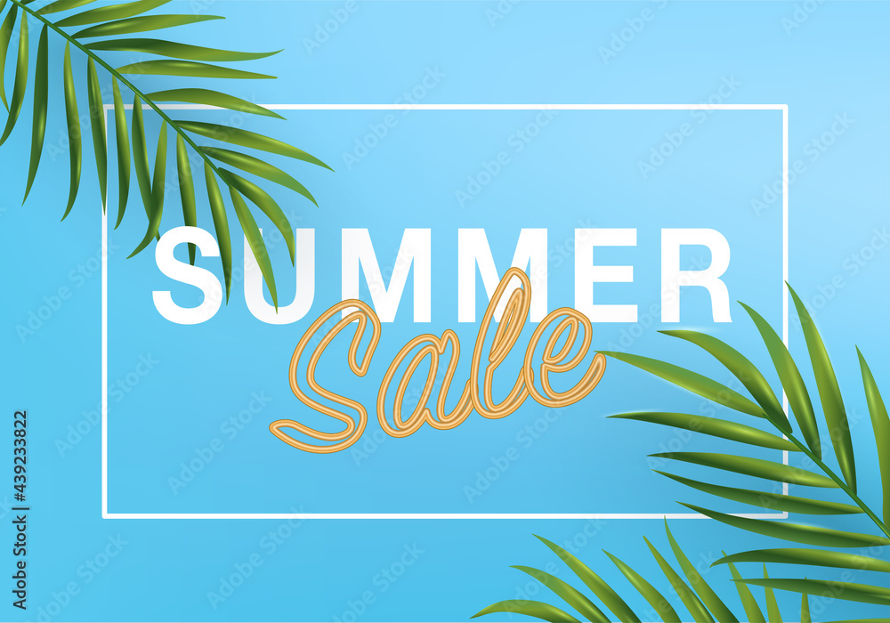 3d summer tropical sale background vector. top view on palm leaves, monstera leaf, 3d background blue for wall framed prints, canvas prints, poster, tropical backdrop. banner promo badge for holiday