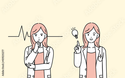 医者　女医　薬剤師　カウンセラー　白衣を着た女性　直感　アイデア　閃く　ポーズ　イラスト素材
