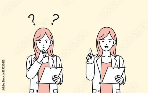医者　女医　薬剤師　カウンセラー　白衣を着た女性　疑問　考える　アイデア　閃く　ポーズ　イラスト素材